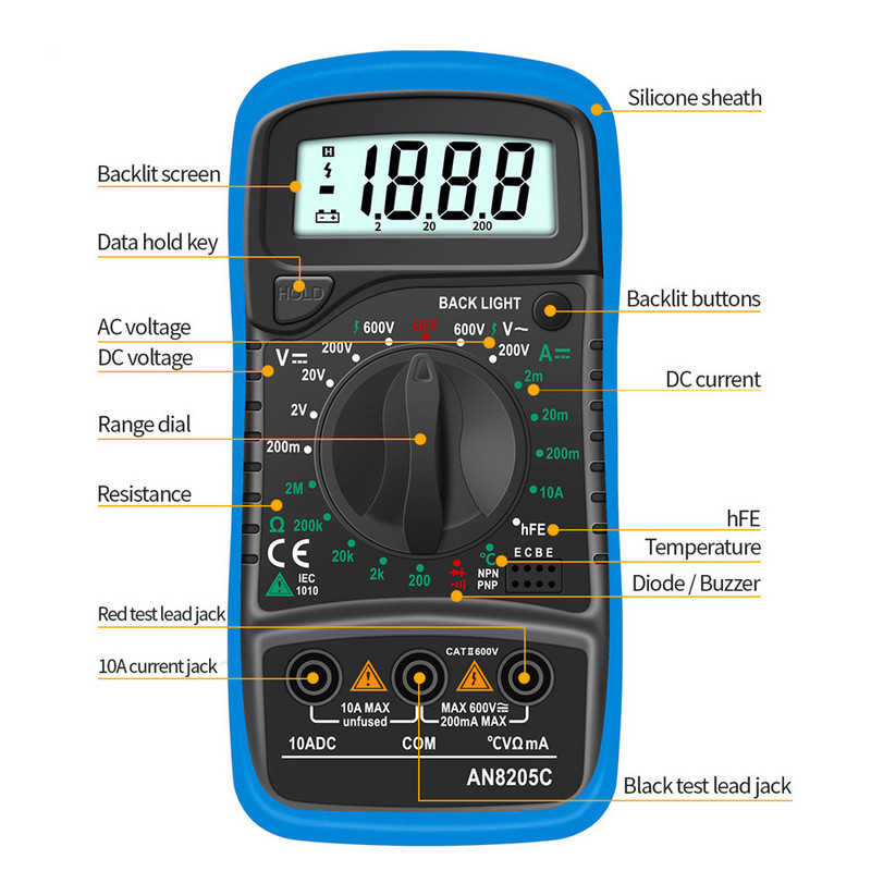 AN8205C digitaalne multimeeter AC/DC ampermeeter Volt Ohm Tester Multimetro termopaari LCD taustvalgustusega kaasaskantav