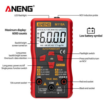 ANENG M118A Digital Mini Multimeter Tester Auto Mmultimetro True Rms Tranistor Meter with NCV Data Hold 6000counts φακός