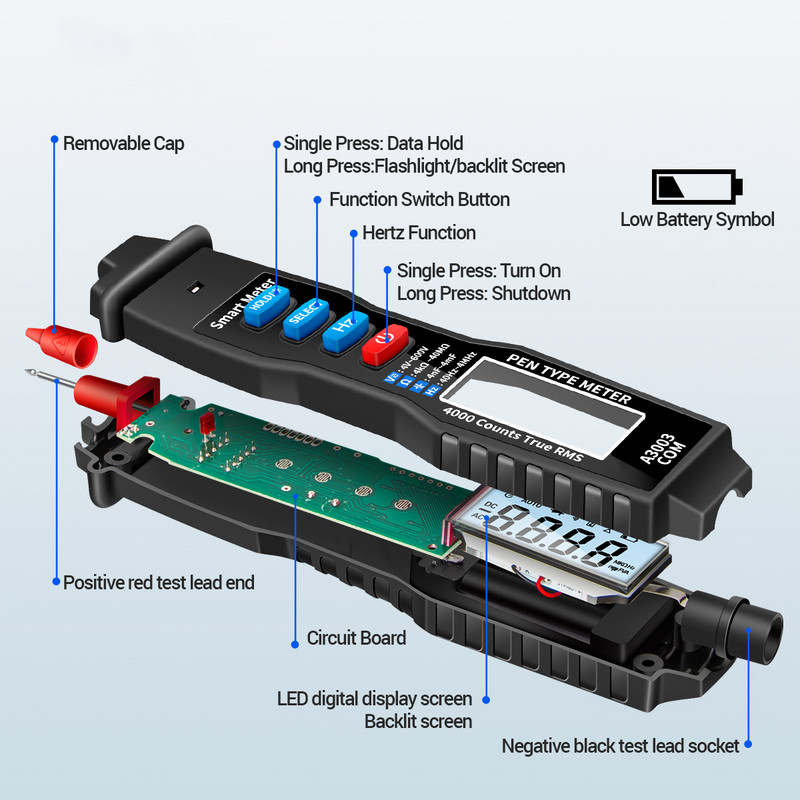 A3003 digitaalne multimeeter, pliiatsi tüüpi arvesti 4000 loendurit koos kontaktivaba vahelduv-/alalisvoolupinge takistuse mahtuvuse Hz testeri tööriistaga