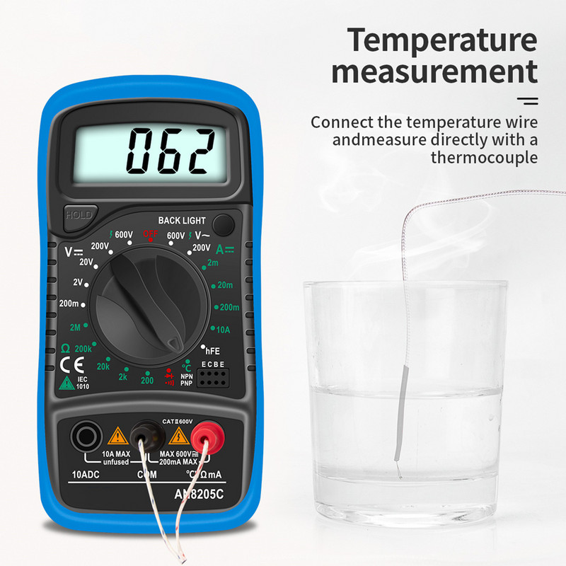 AN8205C digitālais multimetrs maiņstrāvas/līdzstrāvas ampērmetrs, voltu omu testeris, multimetrs ar termopāra LCD fona apgaismojumu, pārnēsājams