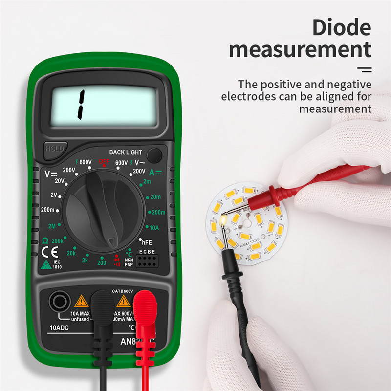 AN8205C digitālais multimetrs maiņstrāvas/līdzstrāvas ampērmetrs, voltu omu testeris, multimetrs ar termopāra LCD fona apgaismojumu, pārnēsājams