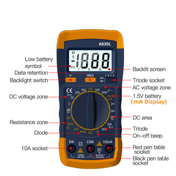 A830L LCD Ψηφιακό πολύμετρο AC DC Δίοδος Τάσης Συχνότητας Πολυελεγκτής Ρεύματος Φωτεινή οθόνη με λειτουργία βομβητή