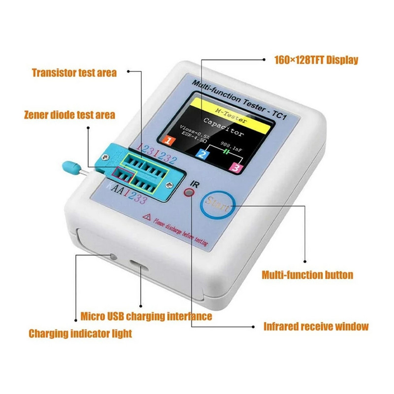 LCR-TC1 1,8" TFT LCD kijelző, multiméter, tranzisztor tesztelő dióda trióda kondenzátor ellenállás érzékelő MOSFET NPN PNP triac MOS