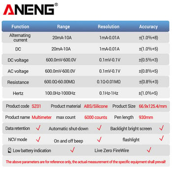ANENG SZ01 SZ02 Αυτόματη ψηφιακή οθόνη Πολύμετρο Έξυπνο όργανο συντήρησης ηλεκτρικού μετρητή γενικής χρήσης