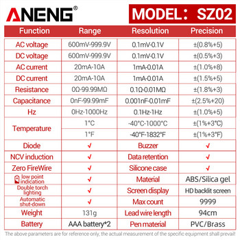ANENG SZ02/01 Digital Multimeter Transistor Smart Testers 9999 Counts True RMS Auto Electrical Capacitance Meter Αντίσταση θερμοκρασίας