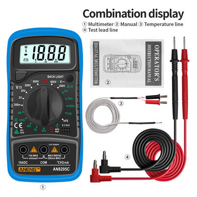 ANENG AN8205C skaitmeninis multimetras kintamosios srovės / nuolatinės srovės ampermetras voltų omų testeris multimetras su termoporos LCD foniniu apšvietimu, nešiojamas