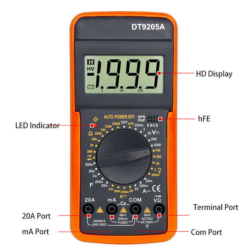Tester multimetru digital MY9205A Contor manual de tensiune pentru gama True RMS Tester pentru tranzistori Instrumente de măsurare pentru electrician