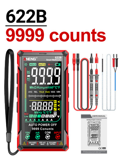 ANENG 622B digitaalne nutikas multimeeter, 10 A tester arvesti automaatne ulatus True RMS DC/AC 9999 multitester laserlambi mahtuvuse oomiga