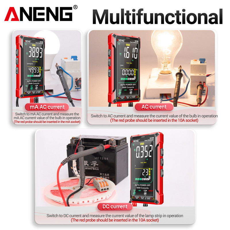 ANENG 622B digitaalne nutikas multimeeter, 10 A tester arvesti automaatne ulatus True RMS DC/AC 9999 multitester laserlambi mahtuvuse oomiga