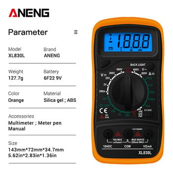 ANENG XL830L Ръчен цифров мултицет с LCD подсветка Преносим AC/DC амперметър Волтметър Ом Тестер за напрежение Измервател Multimetro