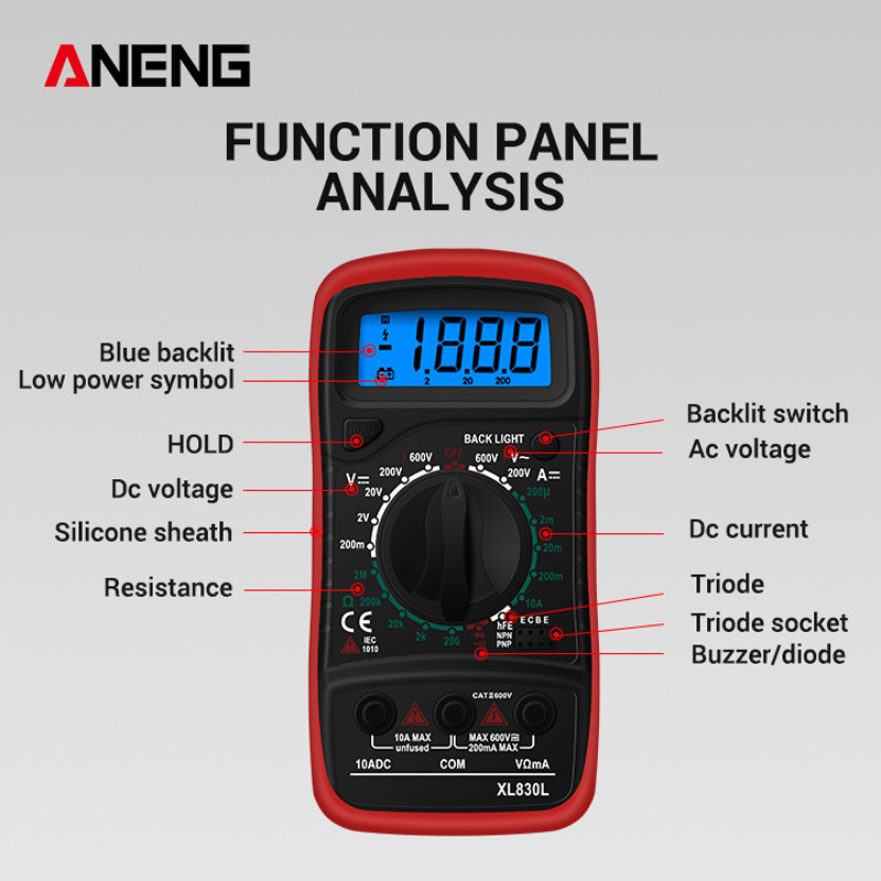 ANENG XL830L kézi digitális multiméter LCD háttérvilágítás Hordozható AC/DC ampermérő Voltmérő Ohm Feszültségmérő Multiméter