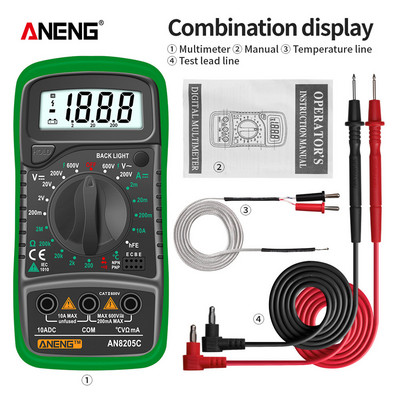 ANENG AN8205C skaitmeninis multimetras kintamosios srovės / nuolatinės srovės ampermetras, voltų omų bandymo matuoklis, profesionalus multimetras su termoporos LCD foninio apšvietimo ekranu