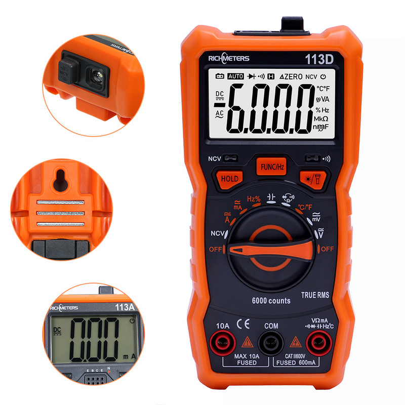 Multimetru digital RICHMETERS 6000 de numărări NCV Contor de tensiune AC/DC Auto Gaming Lumină bliț Lumină din spate TRUE RMS