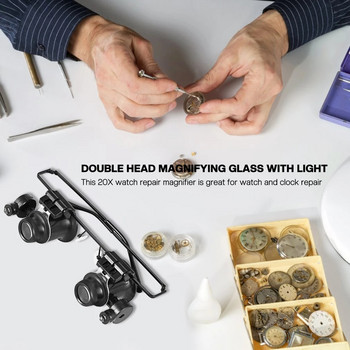 2LED монтиран на главата осветителен микроскоп Ремонт на лента за глава LED лампа Увеличително стъкло с 20X очила тип Двойно око Инструмент