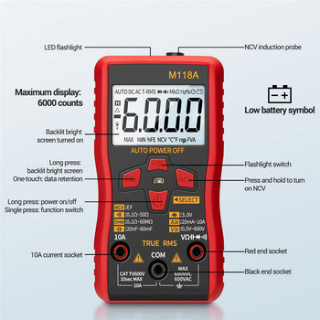 Цифров мултицет Auto Mmultimetro True Rms Tranistor Meter 6000 Counts M118A Фенерче с NCV Data Hold Smart Tester