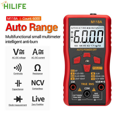 Multimetru digital Auto Mmultimetro True Rms Transistor Contor 6000 de conturi M118A Lanternă cu tester inteligent de păstrare a datelor NCV