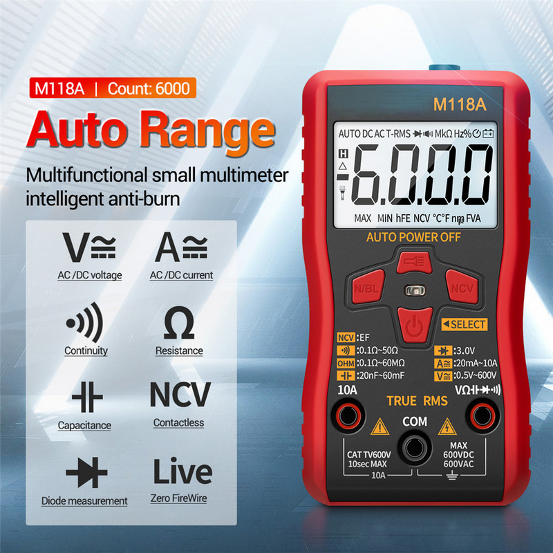 Multimetru digital Auto Mmultimetro True Rms Transistor Contor 6000 de conturi M118A Lanternă cu tester inteligent de păstrare a datelor NCV