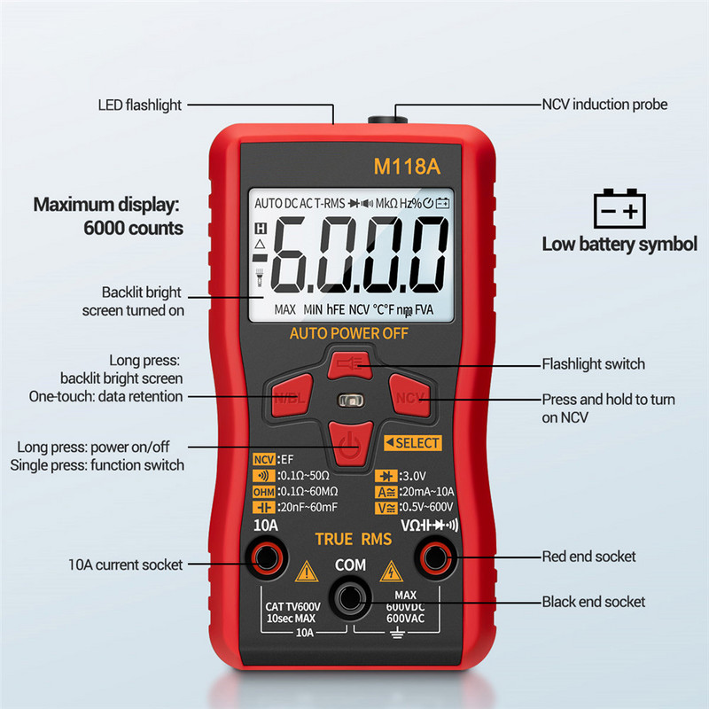 Multimetru digital Auto Mmultimetro True Rms Transistor Contor 6000 de conturi M118A Lanternă cu tester inteligent de păstrare a datelor NCV