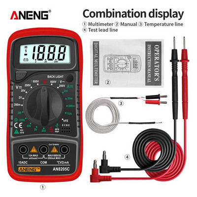 AN8205C digitális multiméter AC/DC ampermérő Volt Ohm Tesztelő Multiméter hőelemes LCD háttérvilágítással Hordozható