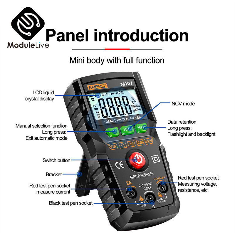 ANENG Nou M107 M108 Mini multimetru digital 4000 de numărători Tester de tensiune curent AC/DC fără contact Contor de rezistență și capacitate