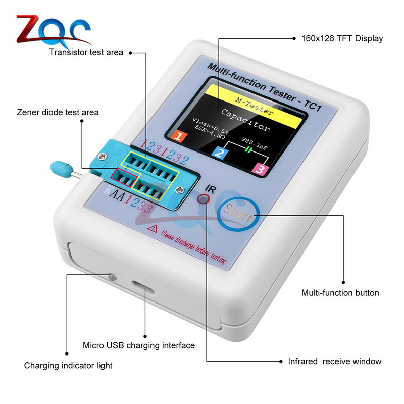 LCR-TC1 1,8 collu TFT LCD displejs Daudzmetru tranzistoru testeris diodes triodes kondensatora rezistoru pārbaudes mērītājs ESR LCR NPN PNP MOSFET COD