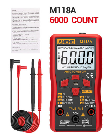 ANENG M118A Digital Mini Multimeter Tester Auto Mmultimetro True Rms Tranistor Meter with NCV Data Hold 6000counts φακός
