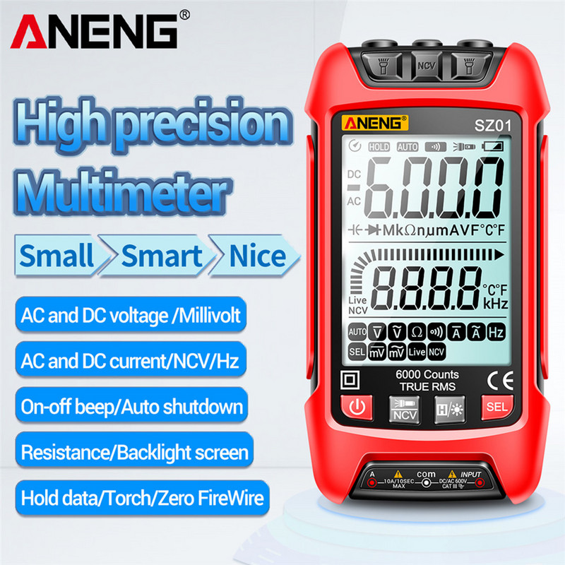 SZ01 SZ02 Multimetru digital inteligent 6000 de numărări Gamă automată True RMS DC AC Tensiune curent NCV Tester de rezistență cu lumini LED