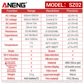 ANENG SZ02 Интелигентен цифров мултицет 6000 броя True RMS Автоматичен измервател на електрически капацитет Измерване на температурно съпротивление Транзисторни тестери