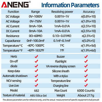 ANENG 682 Smart VA обратен мултицет AC/DC амперметър тестер за напрежение акумулаторен електрически омов диод тестер инструменти за електротехник