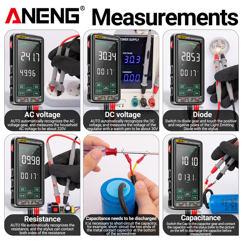 ANENG 683 nutikas digitaalne multimeeter, laetav mahtuvusmõõtur 6000 loendab puutetundliku ekraaniga ampermeetri testeri mõõteriistad
