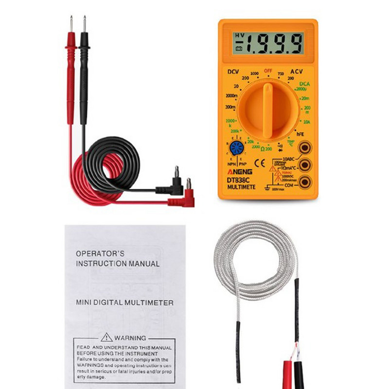 Mini DT838C Tester multimetru digital HTF Voltmetru Sonerie Rezistență curentă Contor temperatură AC DC Ampermetru Diodă Cablu de testare