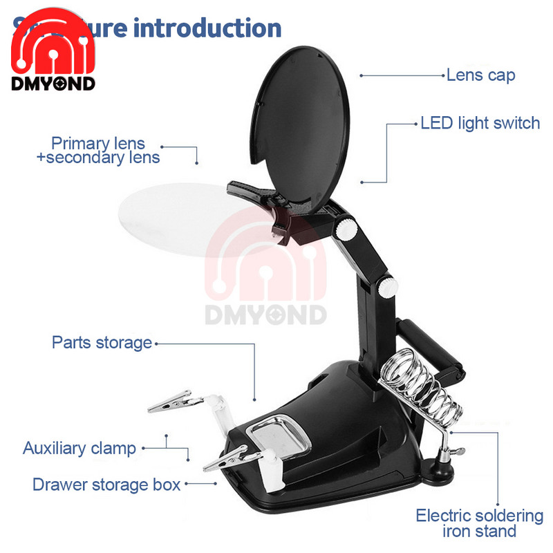 Clipă auxiliară de sudură Lupă Repararea plăcii de circuite electrice Suport fier de sudare Clemă de lipit reglabilă cu mărire