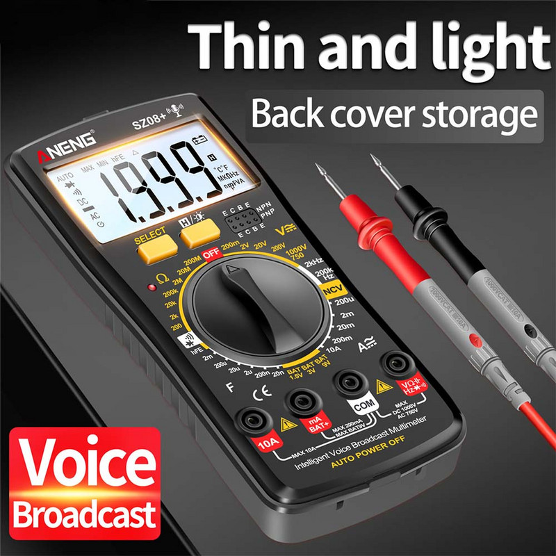 SZ08+ Multimetru digital profesional pentru difuzare vocală Tester de curent AC DC Multifuncțional Hz hFE Ohm Instrument + alarmă vocală