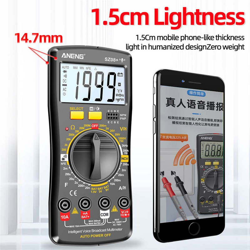 SZ08+ Multimetru digital profesional pentru difuzare vocală Tester de curent AC DC Multifuncțional Hz hFE Ohm Instrument + alarmă vocală