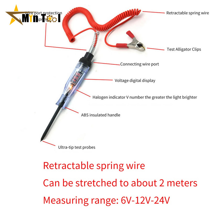 Auto 6–24 V DC automobilių sunkvežimių įtampos grandinės testeris Automobilio bandymo ilgio zondo rašiklio lemputė Automobilių automobilių bandymo poliškumo rašiklio įrankiai