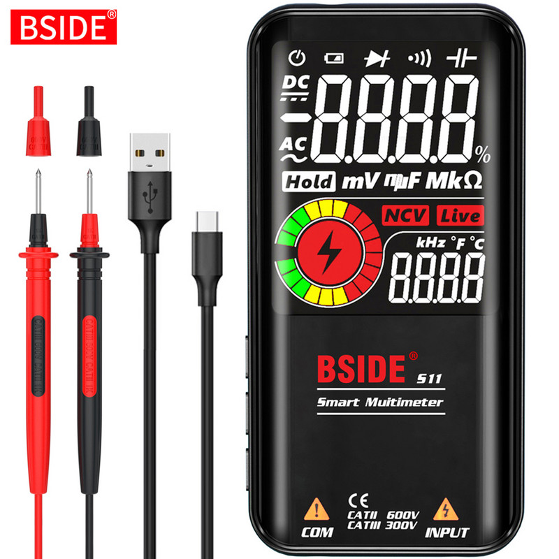 BSIDE digitális multiméter 9999 T-RMS 3,5" színes LCD kijelző DC AC Feszültség Kapacitás Ohm Dióda multimetró NCV Hz Éles vezeték teszter