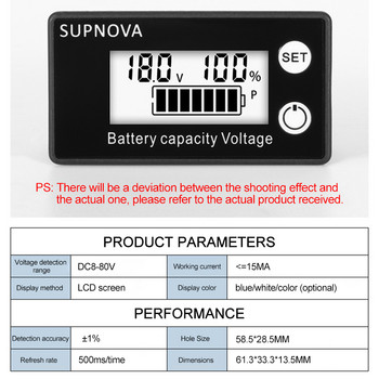 Ένδειξη χωρητικότητας μπαταρίας DC Voltmeter DC 8V-100V Lead Acid Lithium LiFePO4 Battery Tester Display Power 12V 24V 48V