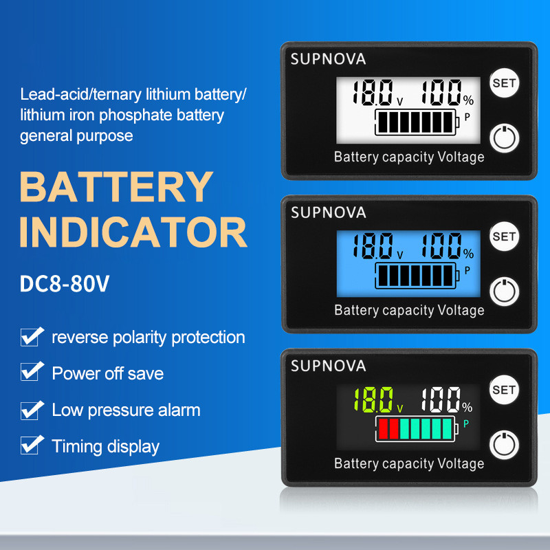Akumulatora ietilpības indikators līdzstrāvas voltmetrs DC 8V-100V svina skābe litija LiFePO4 akumulatora testeris jaudas displeja mērītājs 12V 24V 48V