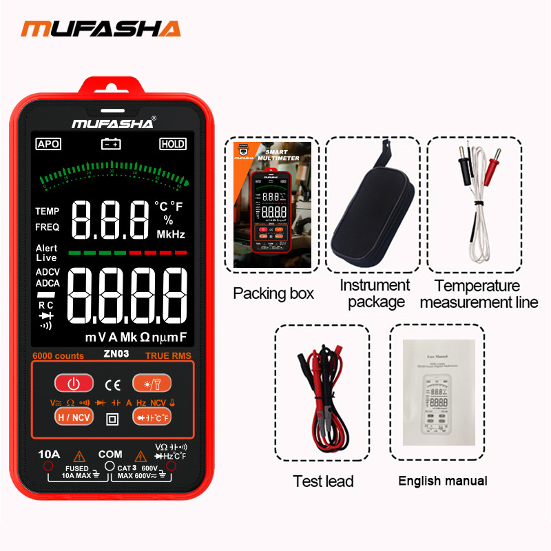 MUFASHA Multimeter Professional 6000 Skaitās HD krāsu ekrāns Īpaši plāns inteliģents OHM NCV sprieguma mērītājs