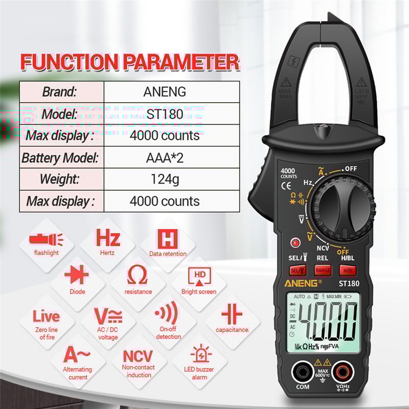 ANENG ST180 Ψηφιακός σφιγκτήρας Πολύμετρος Μετρητής 6000 Επαγγελματικό True RMS Δοκιμαστής ρεύματος τάσης AC/DC Χωρητικότητα Hz