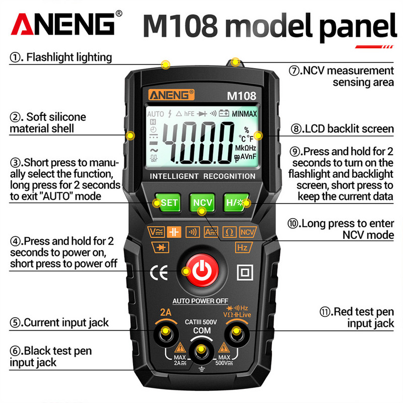 ANENG M108 Mini digitális multiméter 4000 számlál érintés nélküli AC/DC áram feszültségvizsgáló ellenállás-kapacitásmérő