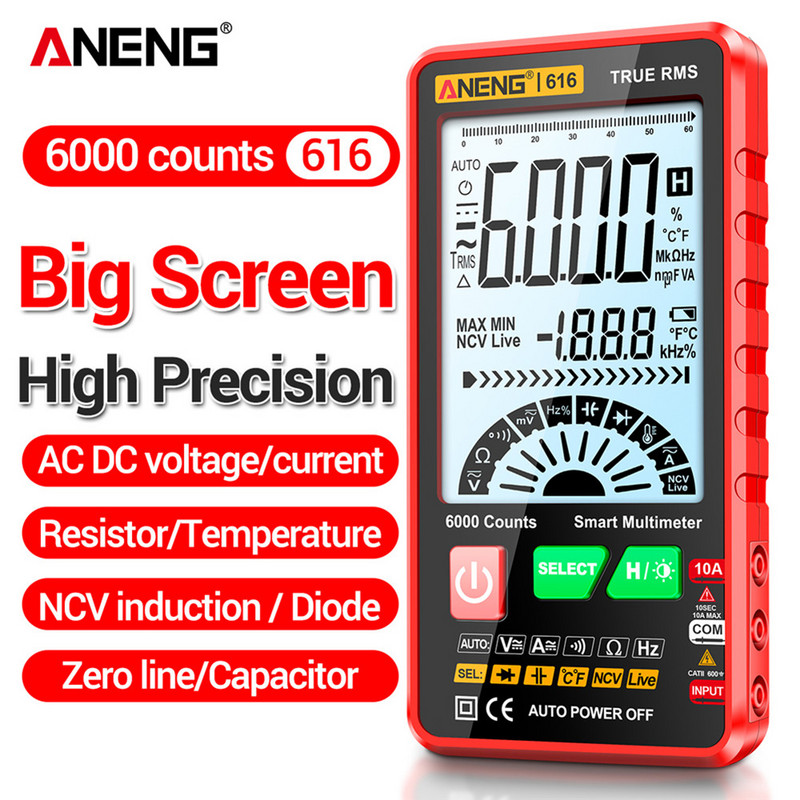 Tester multimetru digital ANENG 616 Oprire automată 6000 de numărări Tester de condensator Display LCD Gamă automată pentru diodă Ohm NVC Hz