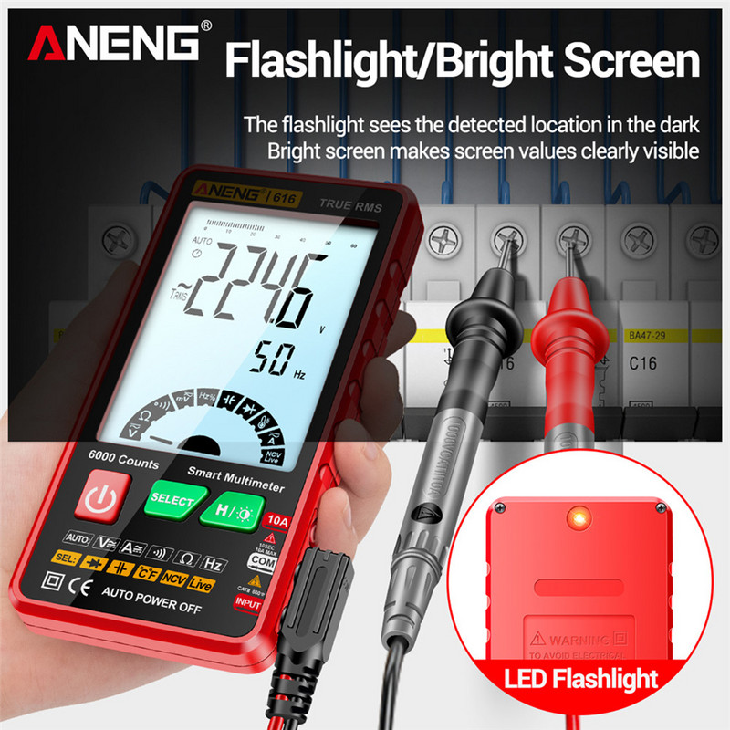 Tester multimetru digital ANENG 616 Oprire automată 6000 de numărări Tester de condensator Display LCD Gamă automată pentru diodă Ohm NVC Hz