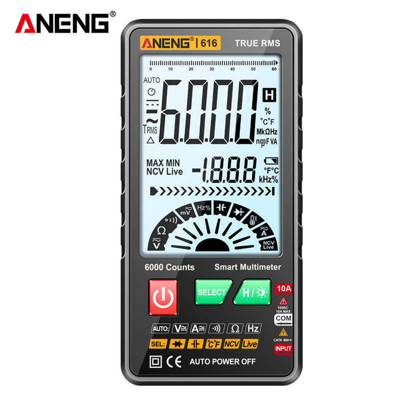 Tester multimetru digital ANENG 616 Oprire automată 6000 de numărări Tester de condensator Display LCD Gamă automată pentru diodă Ohm NVC Hz