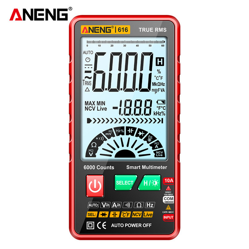 Tester multimetru digital ANENG 616 Oprire automată 6000 de numărări Tester de condensator Display LCD Gamă automată pentru diodă Ohm NVC Hz