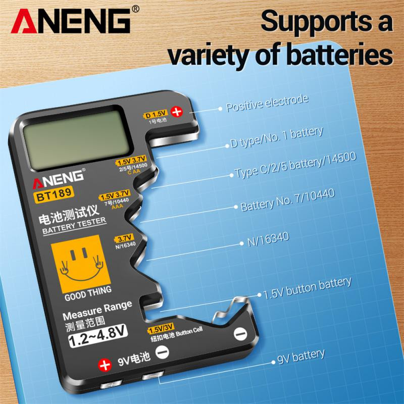 ANENG BT189 skaitmeninis baterijos testeris LCD ekranas 9V 1,5V universalus mygtukas baterijos testeris voltų talpos detektoriaus talpos įrankiai