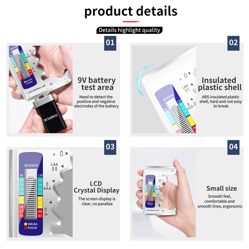 Digitális akkumulátortesztelő LCD-kijelző AA/AAA/9V/1,5V gombelem akkumulátor kapacitás-ellenőrző érzékelő kapacitásának diagnosztikai eszköze