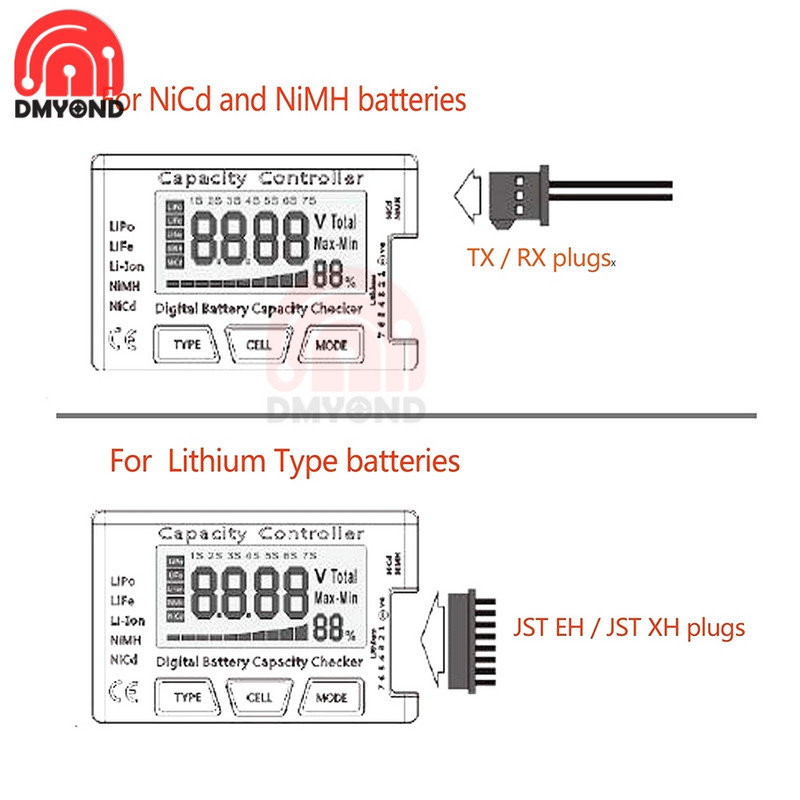 1-7S digitālā akumulatora ietilpības detektora barošanas displejs LCD pārbaudītājs testeris sprieguma kontrolieris LiPo LiFe litija jonu NiMH Nicd RC automašīnai