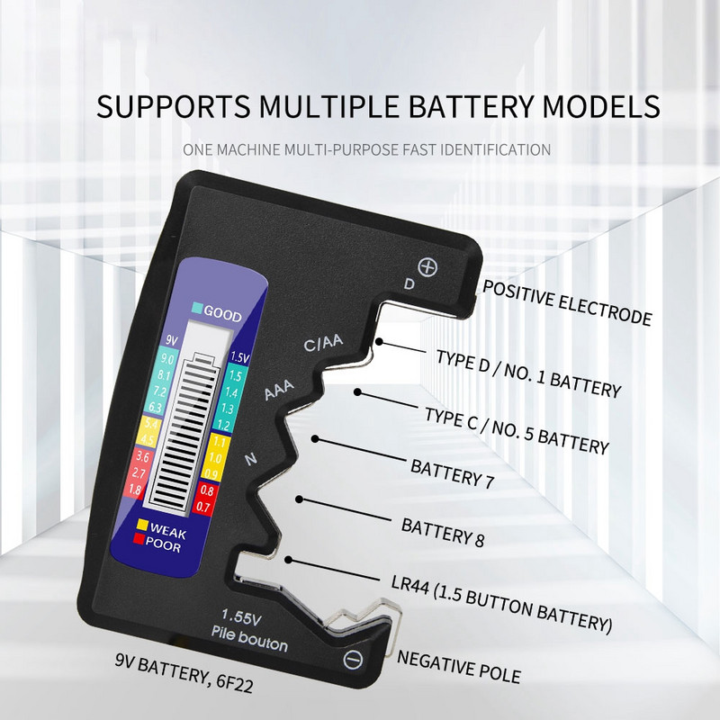 Digitális elemvizsgáló LCD-kijelző szintérzékelő AA AAA 9V 1,5V gombelem-kapacitás-érzékelő diagnosztikai eszköz