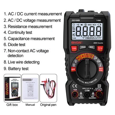 GVDA skaitmeninis multimetras automatinio diapazono DMM voltmetras True RMS AC DC NCV omų įtampos testeris Išmanusis ampermetras 4000 skaitmenų Multitesteris